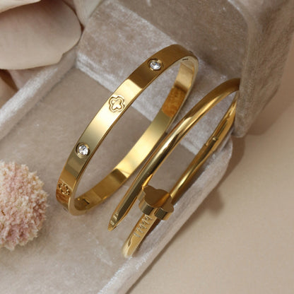 Women Heart Shaped Zircon Stainless Steel Gold Color 2-in-1 Bangles Bracelet Jewelry