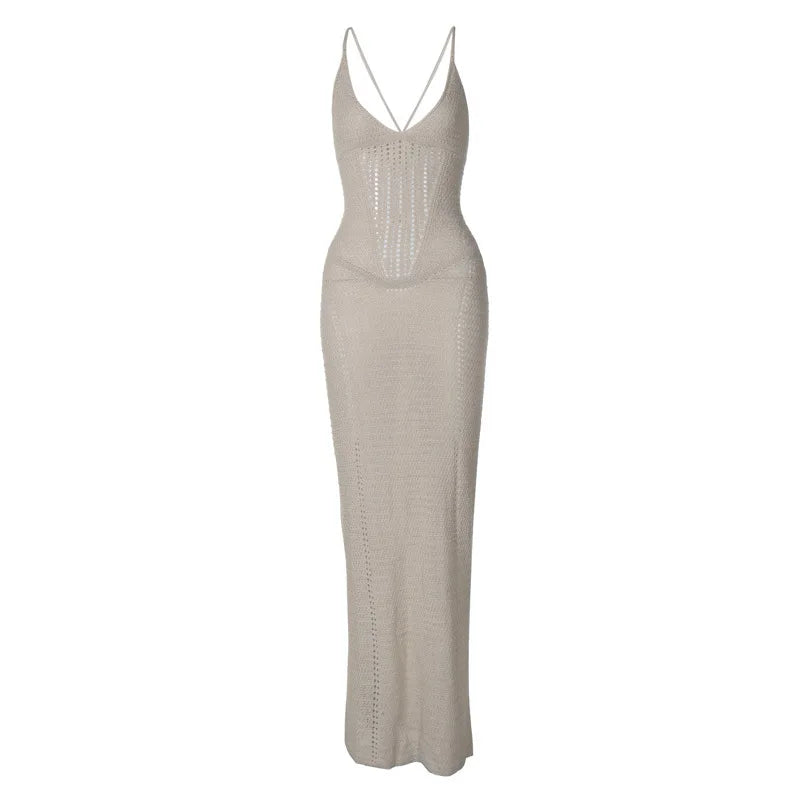 Women Hollow Out Backless Knit Spaghetti Strap Bandage Sleeveless Bodycon Party Long Dress