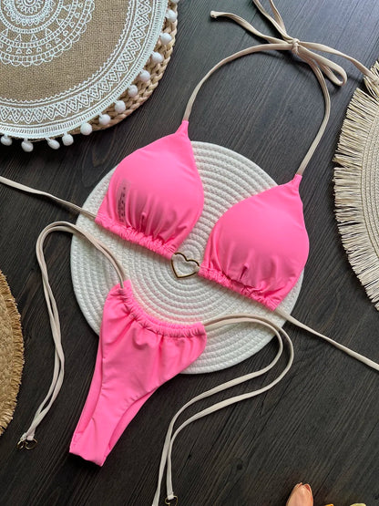 Solid Color Bikini Low Waist Lace-up Fashionable Swimsuit Two-piece Suit