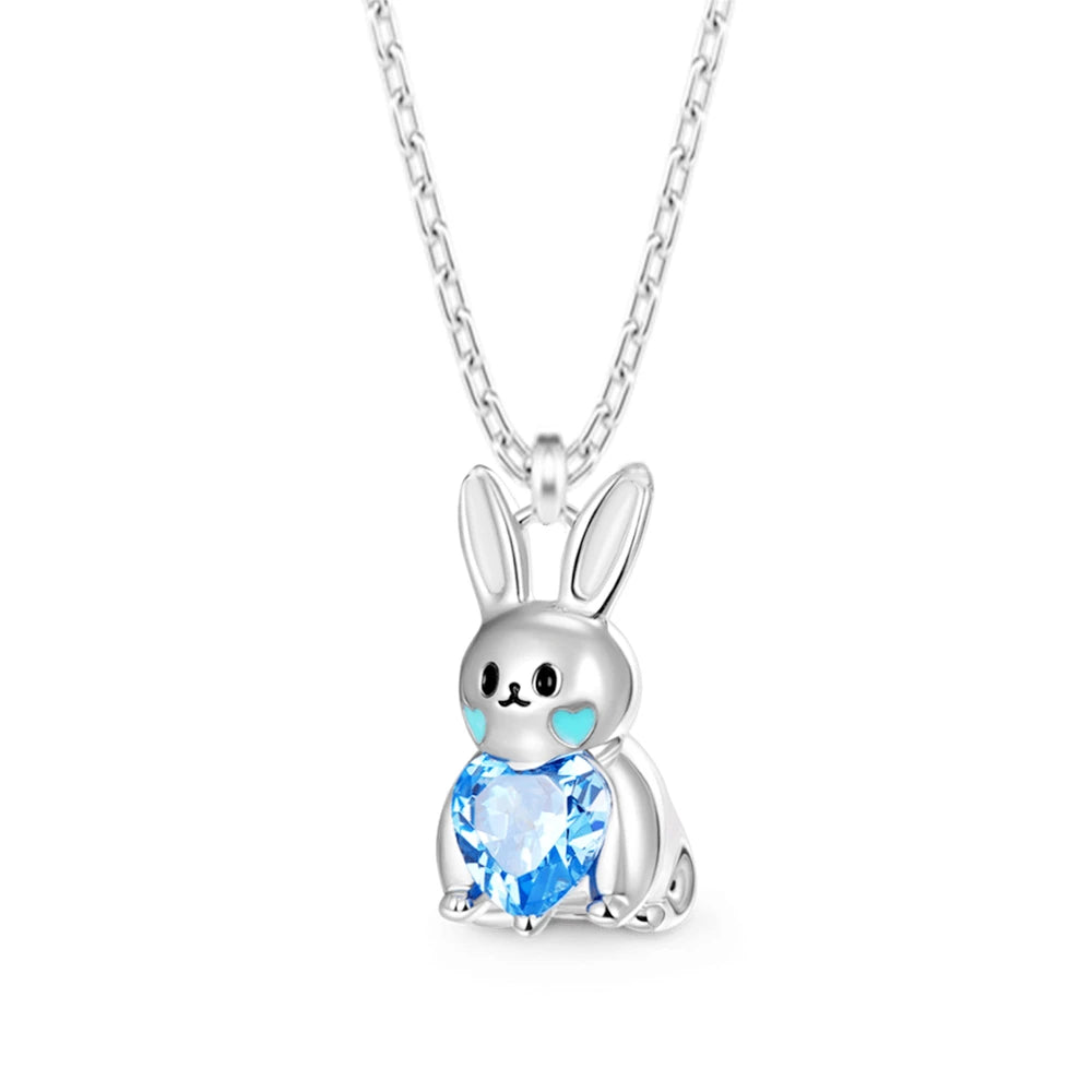 Women Fashion Girl Cartoon Bunny Animal Heart Shape Blue Crystal Rabbit Pendant Necklace Gift