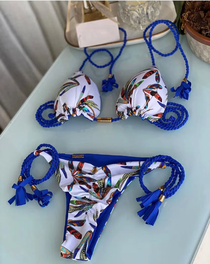 Women Low Waist Two Pieces Botanical-Print Braided Rope Bikini Swimsuit Beachwear Bathing Swimwear