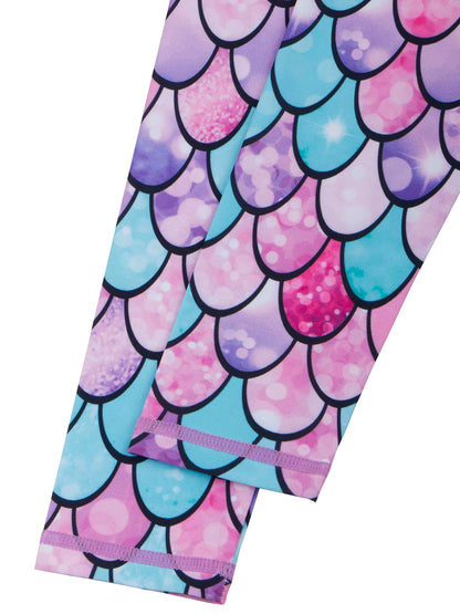 2pcs Kids Girls Long-Sleeved Scale Print Tops Boyleg Swim Shorts Swimwear Suit