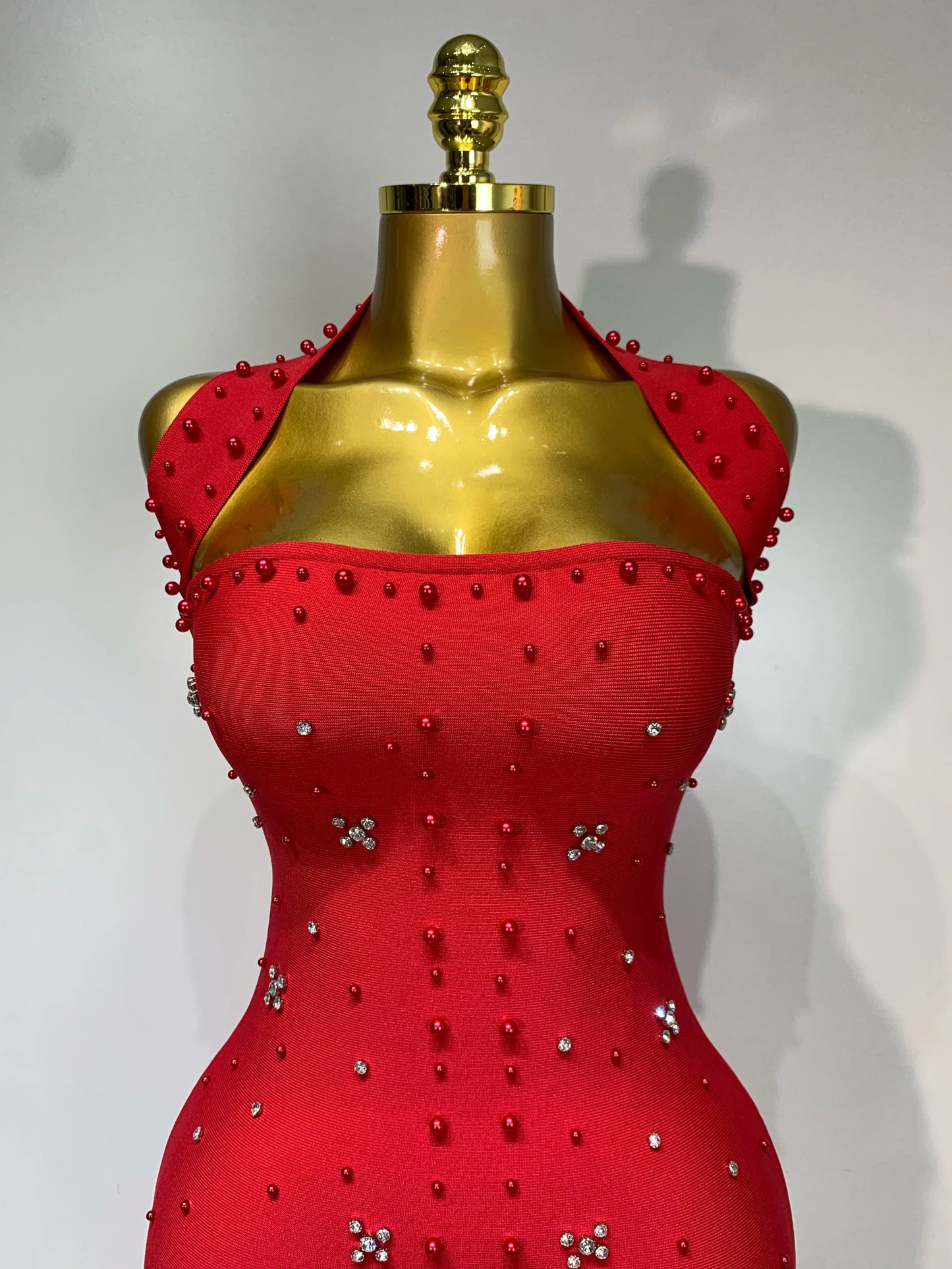 Sexy Sparkly Rhinestone Pearl Halter Backless Bandage Long Birthday Evening Party Dress