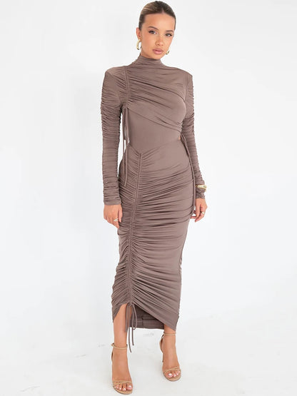 Elegant Women Long Sleeve Ruched Drawstring Turtleneck Bodycon Maxi Dress