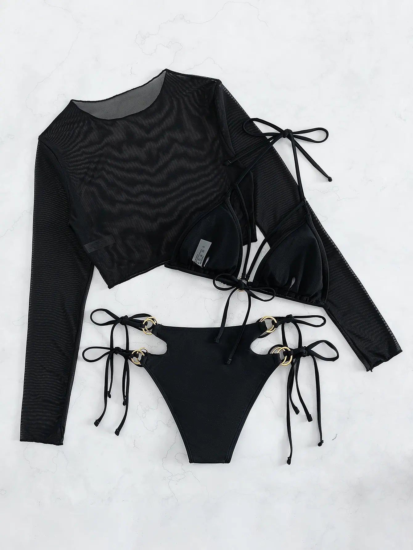 3pcs Halter Triangle Bikini Swimsuit Solid Mesh Top Ring Link Swimwear Bathing Suit