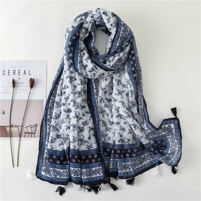 Women Fashion Large Cotton Flower Designs Tassel Prints Scarves Wrap Shawl Scarf