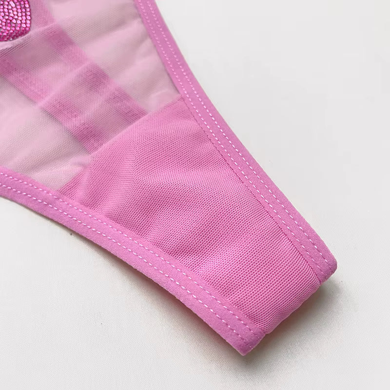 Women Lace Mesh Transparent Rhinestones Heart G-String T-Back Briefs Thong Panties Underwear