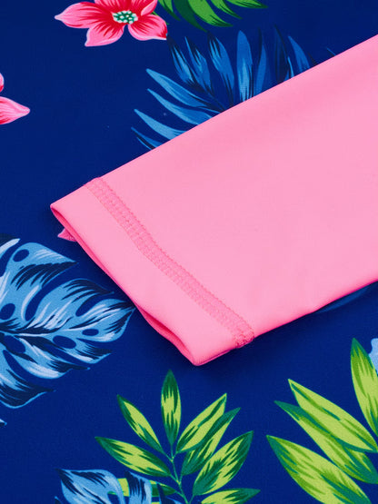 Girls Kids One-Piece Long Sleeve Plants Print Beach Boyleg Shorts Design Swimsuit