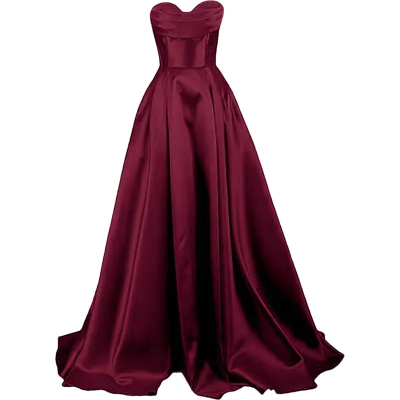 Sweetheart Strapless Pleat Satin Prom Women Long A Line Corset Formal Evening Party Dress w/ Pockets