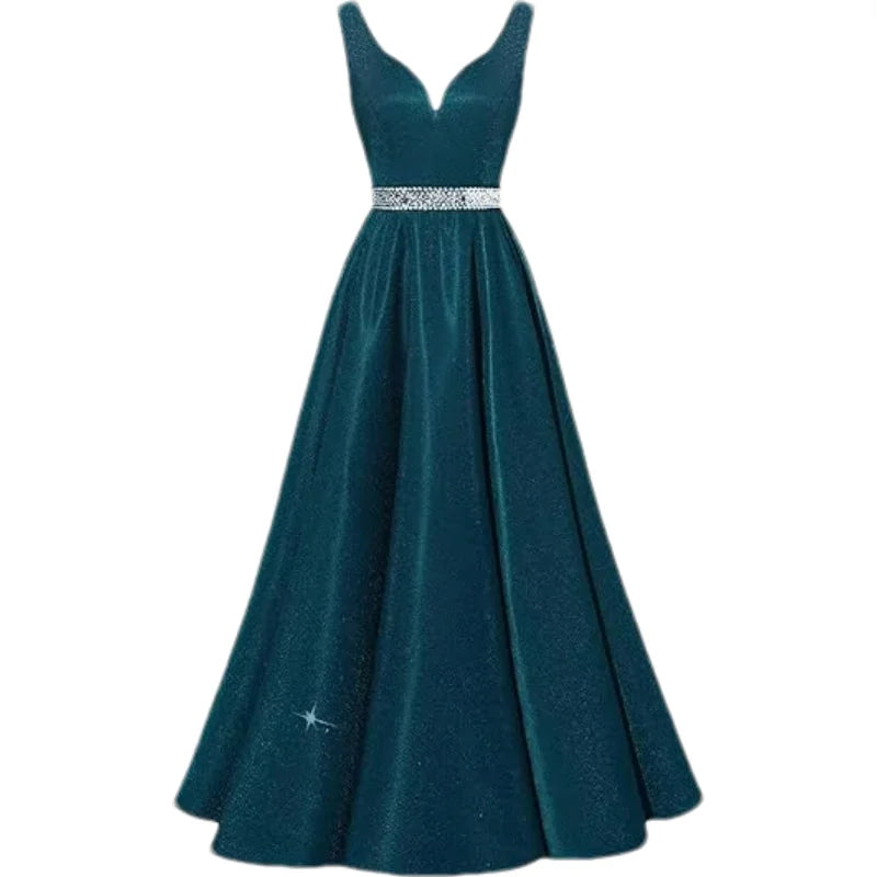 Women Glitter Satin Prom Long Corset V-Neck Beaded Belt Formal Evening Party Dress w/ Pockets
