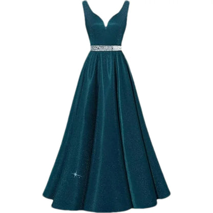 Women Glitter Satin Prom Long Corset V-Neck Beaded Belt Formal Evening Party Dress w/ Pockets