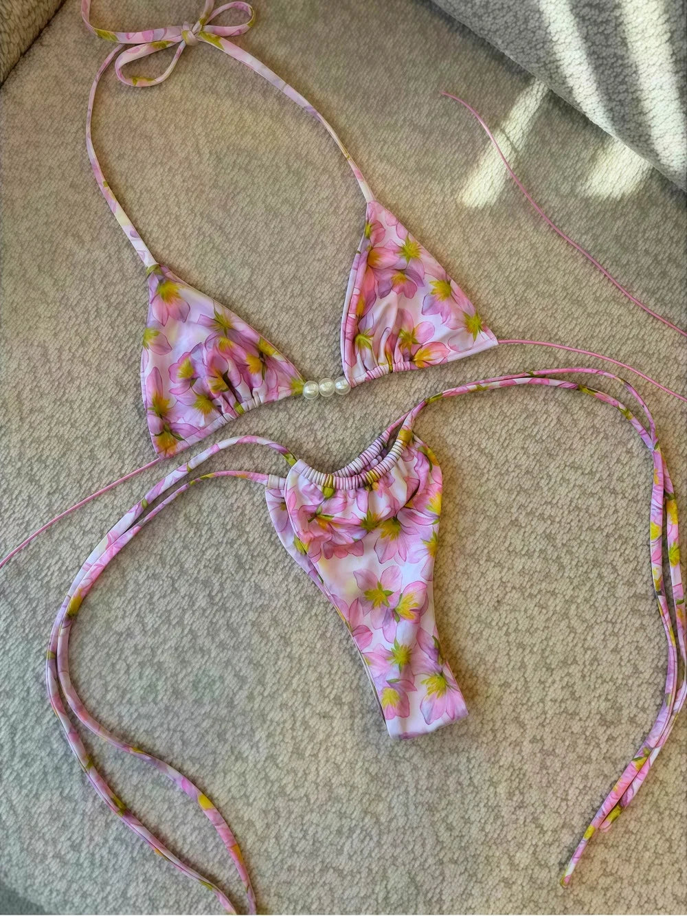 Micro Women Swimsuit Brazilian Bikini Halter Print Push Up Pearl Beachwear Suit