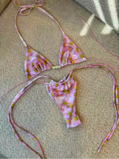 Micro Women Swimsuit Brazilian Bikini Halter Print Push Up Pearl Beachwear Suit