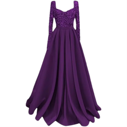 Long Sleeve Sequin Prom Long Satin Women Formal A-Line Evening Party Ball Gown Dress w/ Pockets