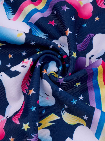 Kids Girls One-Piece Long Raglan Sleeve Animal Horse Print Rash Guard Boyleg Shorts Swimwear