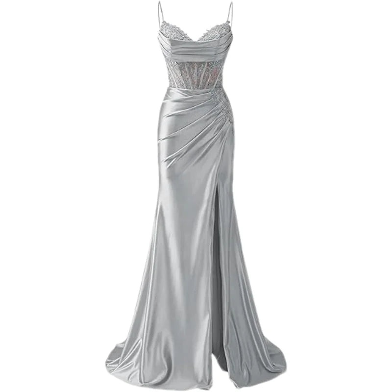 Lace Appliques Satin Prom Women w/ Slit Spaghetti Strap Backless Long Mermaid Evening Formal Dress Gown