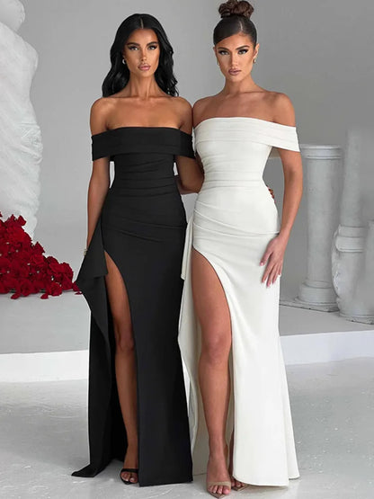 Women Off-shoulder Ruffled Thigh High Split Maxi Slash Neck Backless Bodycon Party Evening Dress