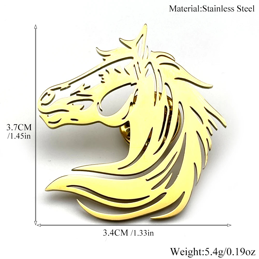 Men Horse Head Brooch Hollow Stainless Steel Gold Color Lapel Brooches Pin