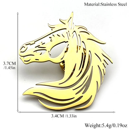 Men Horse Head Brooch Hollow Stainless Steel Gold Color Lapel Brooches Pin