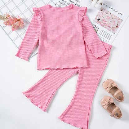 2pcs Cute Flying Sleeve Kids Girls Solid Long Sleeve Tee Shirt +Trouser Pants Sets