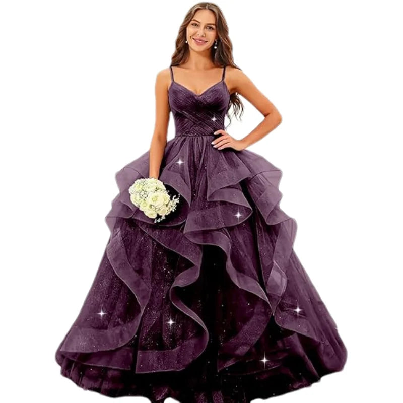 Sparkly Tulle Long Prom Spaghetti Straps Ball Glitter Tulle A-line Formal Evening Party Gown Dress