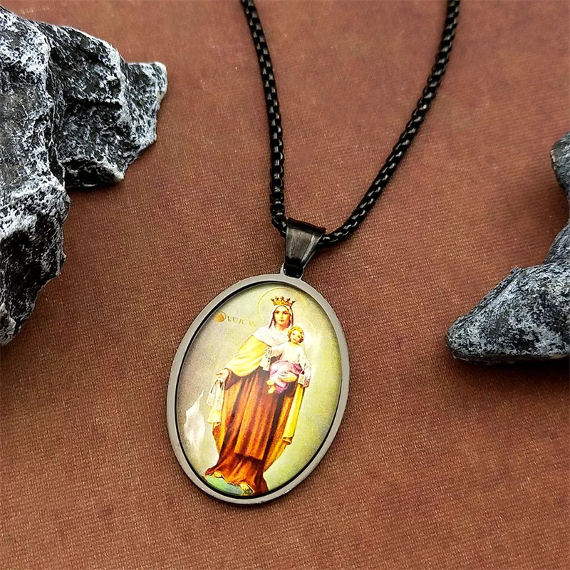 Women Men Stainless Steel Gold Color Catholic Amulet Virgin Mary Hold Baby Jesus Glass Medal Pendant Necklace