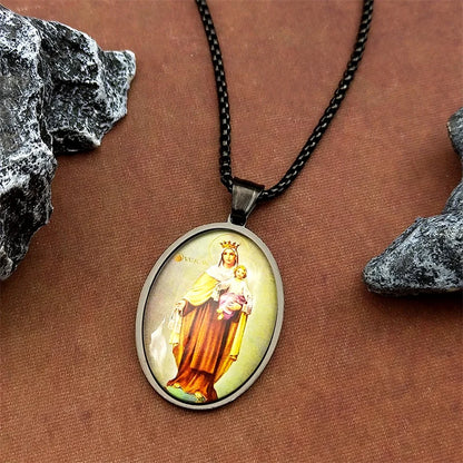 Women Men Stainless Steel Gold Color Catholic Amulet Virgin Mary Hold Baby Jesus Glass Medal Pendant Necklace