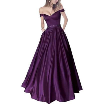 Women Off The Shoulder Beaded Satin V Neck Corset A Line Long Formal Prom Evening Party Gown Dress w/Pocket