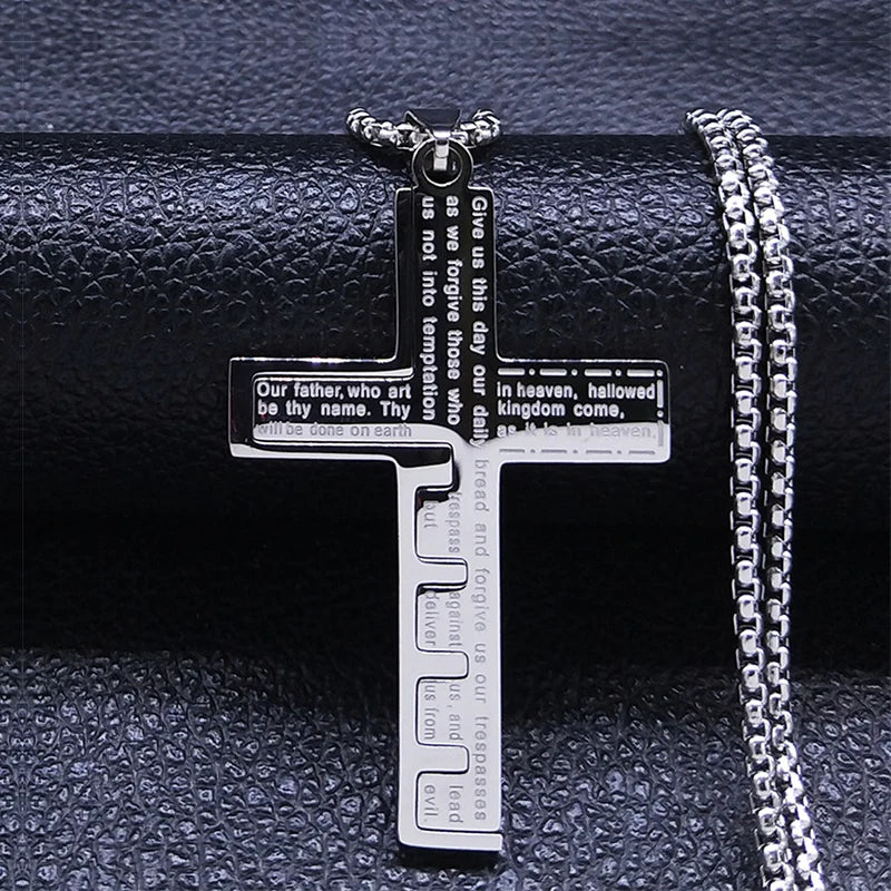 Men Stainless Steel Gold Color Bible Amulet Cross Christian Church Prayer Necklace