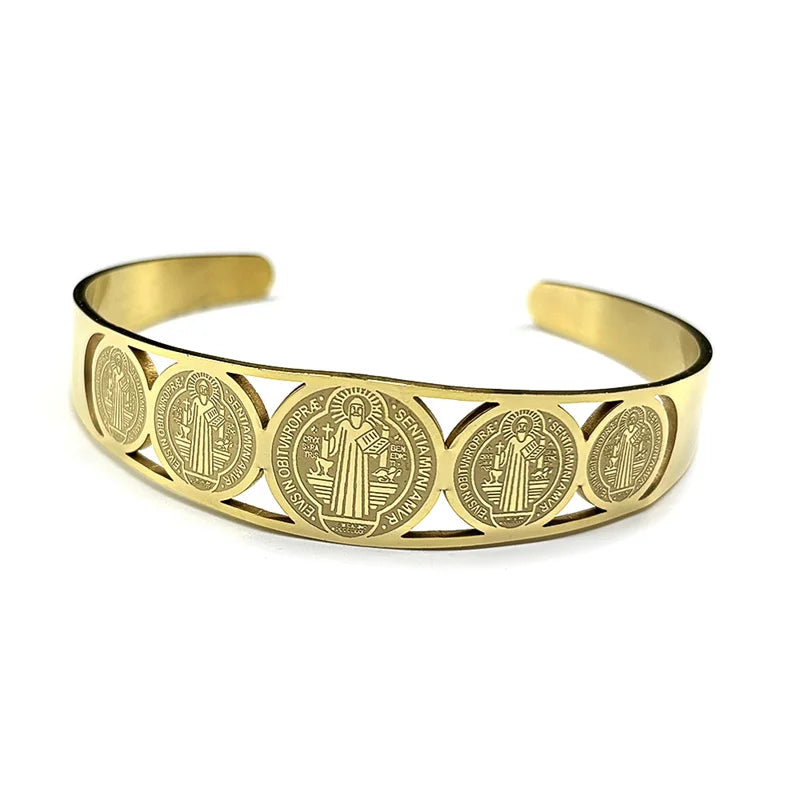 Women Men Stainless Steel Gold Color San Benito Religious Catholic Saint Benedict Adjustable Bracelet
