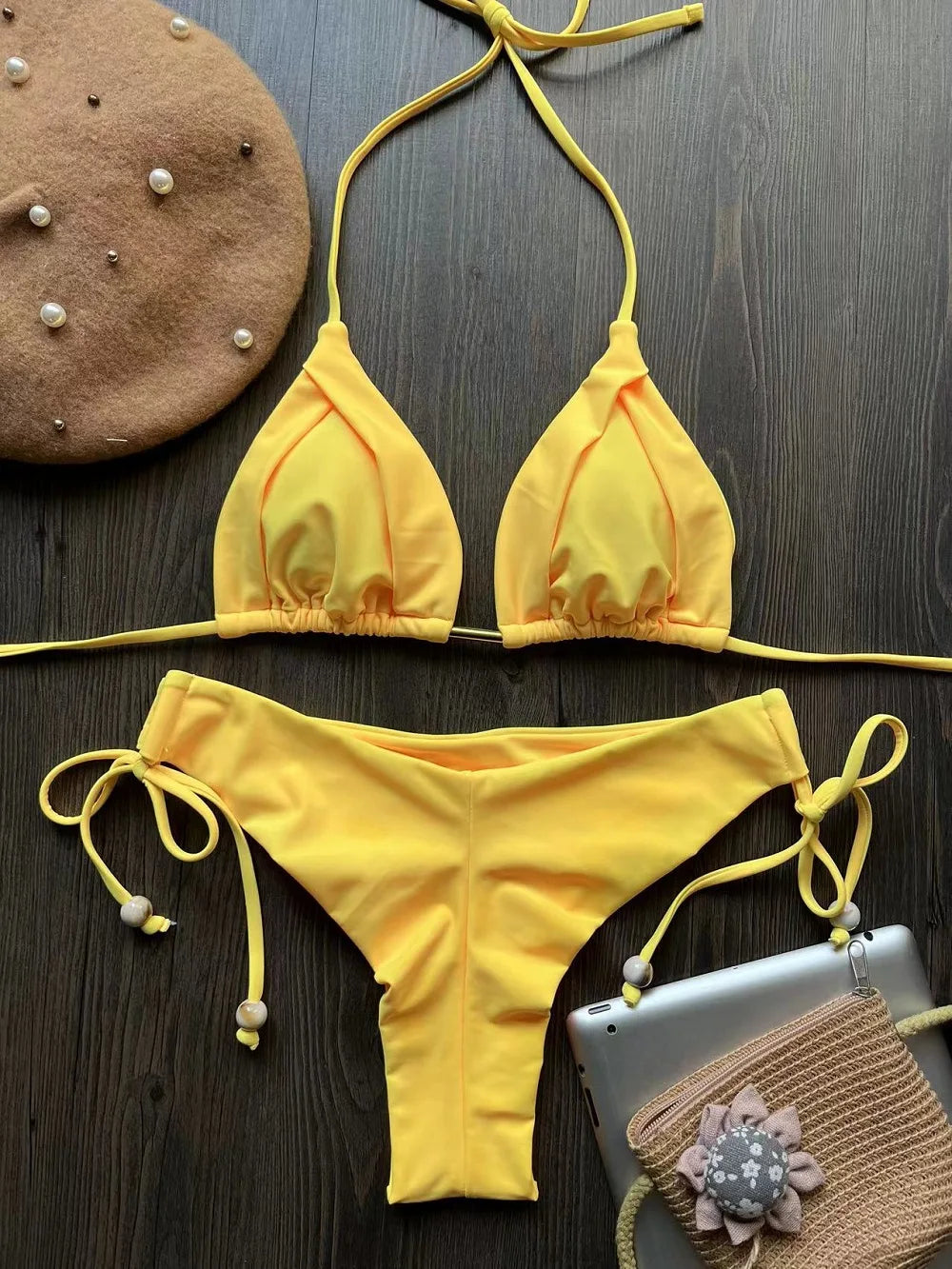 Solid Color Bikini Swimsuit Hanging Neck Rope Split Swimsuit 2-piece Beachwear Suit