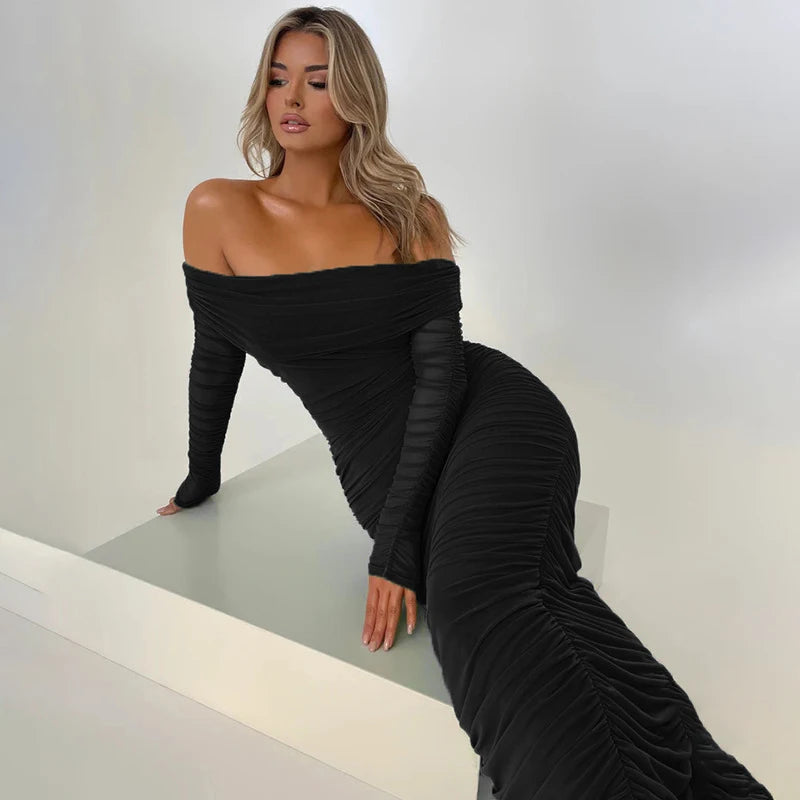 Women Off-shoulder Long Sleeve Sexy Maxi Strapless Backless Bodycon Ruched Party Long Dress