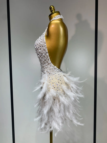 Sexy Halter Backless Feather Pearl Short Party Rhinestone Birthday Evening Dress