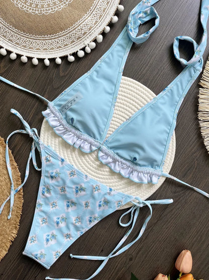2pcs Sexy Lotus Leaf Edge Print Brazilian Swimsuit Triangle Thong Swimwear Suit