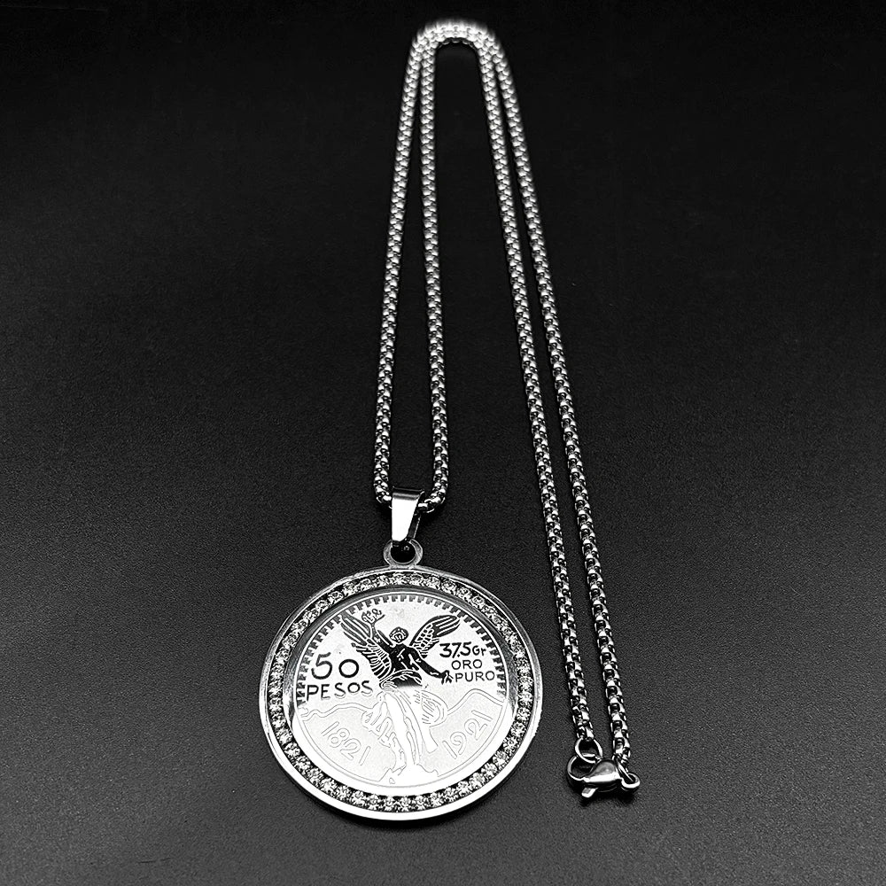 Men Women Stainless Steel Gold Color Winged Victory 1921 Mexican 50 Pesos Rhinestones Amulet Pendant Necklace