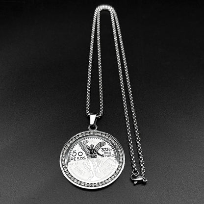Men Women Stainless Steel Gold Color Winged Victory 1921 Mexican 50 Pesos Rhinestones Amulet Pendant Necklace
