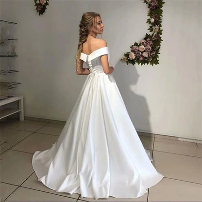 Woman Bride Simple Off The Shoulder Satin Bridal Wedding Party Dress