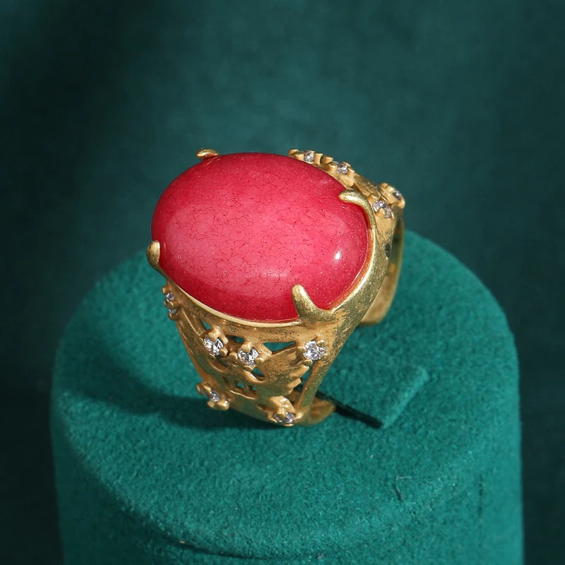 Women Red Oval Round Natural Stone Vintage Open Engagement Rings