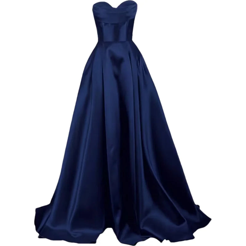 Sweetheart Strapless Pleat Satin Prom Women Long A Line Corset Formal Evening Party Dress w/ Pockets