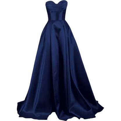 Sweetheart Strapless Pleat Satin Prom Women Long A Line Corset Formal Evening Party Dress w/ Pockets