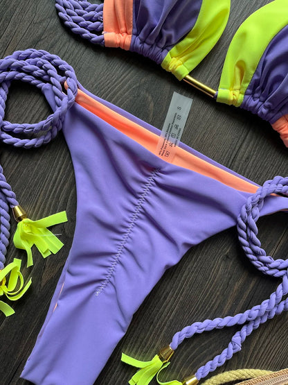 Sexy Solid Splicing Brazilian Swimsuit Braiding Rope Bandage Triangle Bathing Bikini Suit