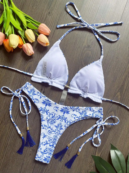 Sexy print bikini swimsuit split straps tassels 2-piece summer beach swimsuit Suit
