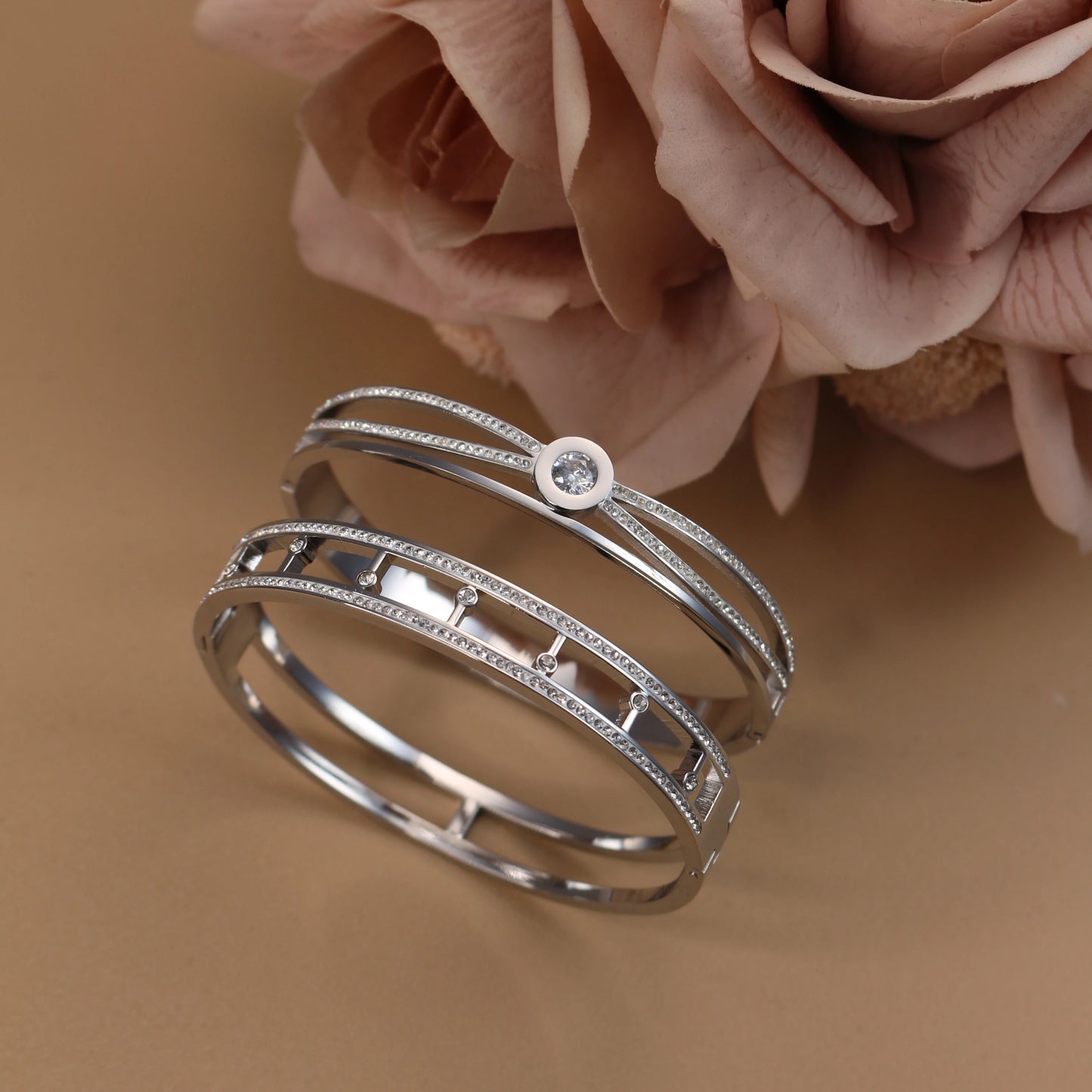 Women Stainless Steel Cross Small Zircon Round Charm Crystal Bangle Bracelet