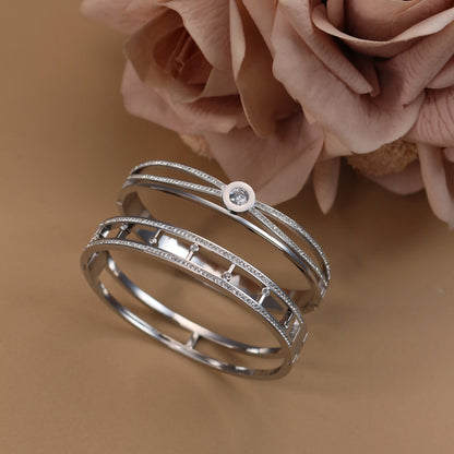Women Stainless Steel Cross Small Zircon Round Charm Crystal Bangle Bracelet
