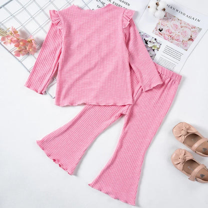 2pcs Cute Flying Sleeve Kids Girls Solid Long Sleeve Tee Shirt +Trouser Pants Sets