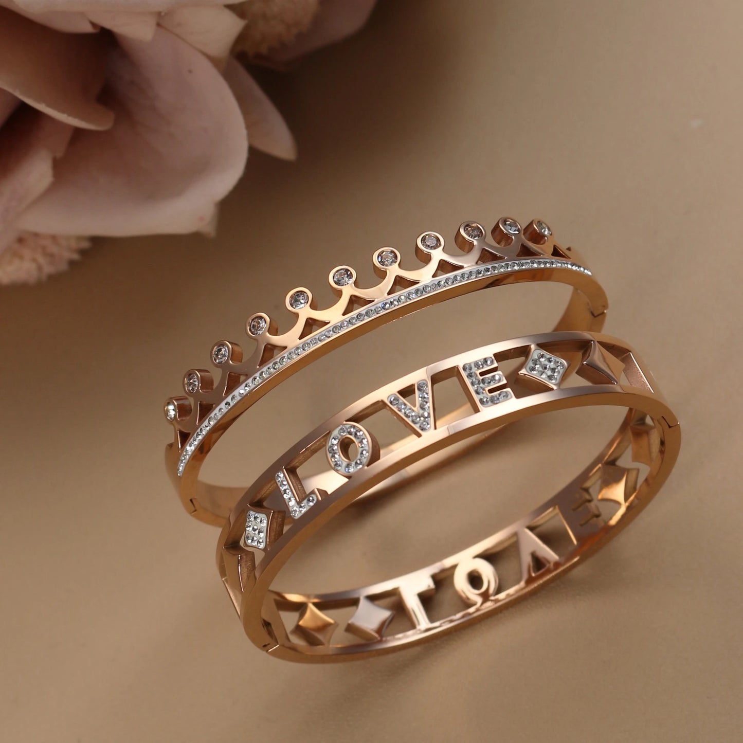 Delicate Crystal Crown LOVE Stainless Steel Gold Color Cutout Design Women's Charm Bracelet