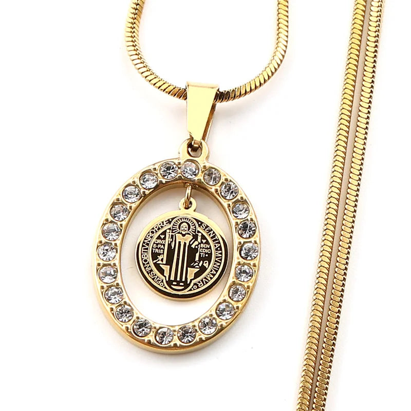Women Men Catholic Saint Benedict Snake Stainless Steel Rhinestone Gold Color Medal Chain Necklace