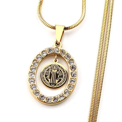 Women Men Catholic Saint Benedict Snake Stainless Steel Rhinestone Gold Color Medal Chain Necklace