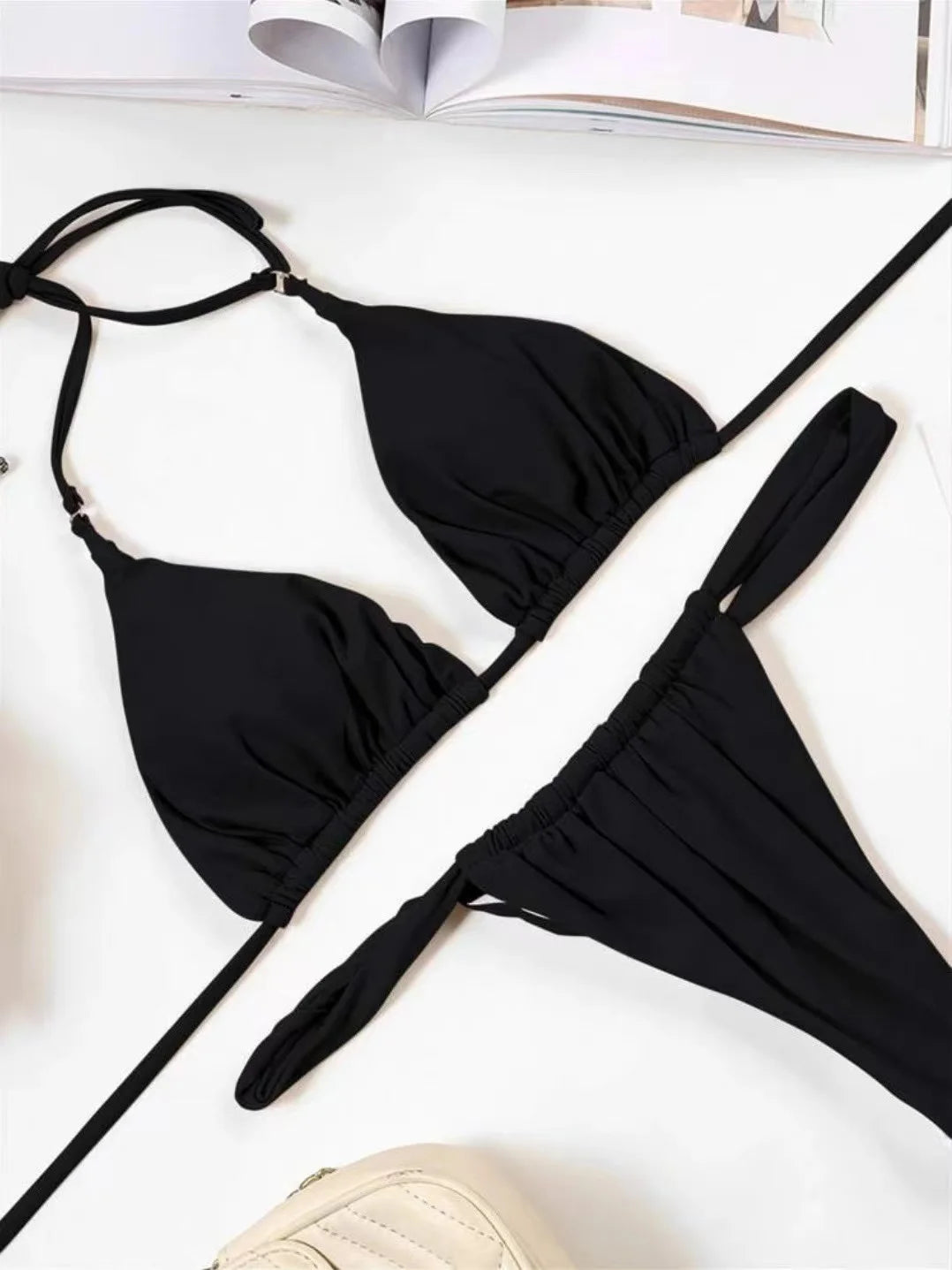 Sexy Push Up Women Solid Swimwear Triangle Pleated Swimsuit Brazilian Bathing Suits Beach Wear