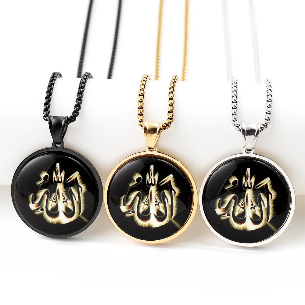 Men Women Stainless Steel Gold Color Islamic Muslim Amulet Arabic Allah Shine Glass Pendant Necklace